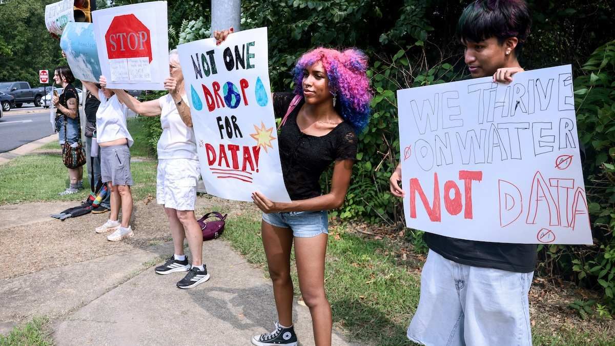 Demonstrators participate in a nationwide protest against data centers, in Fredericksburg, Virginia, U.S., July 18, 2026.