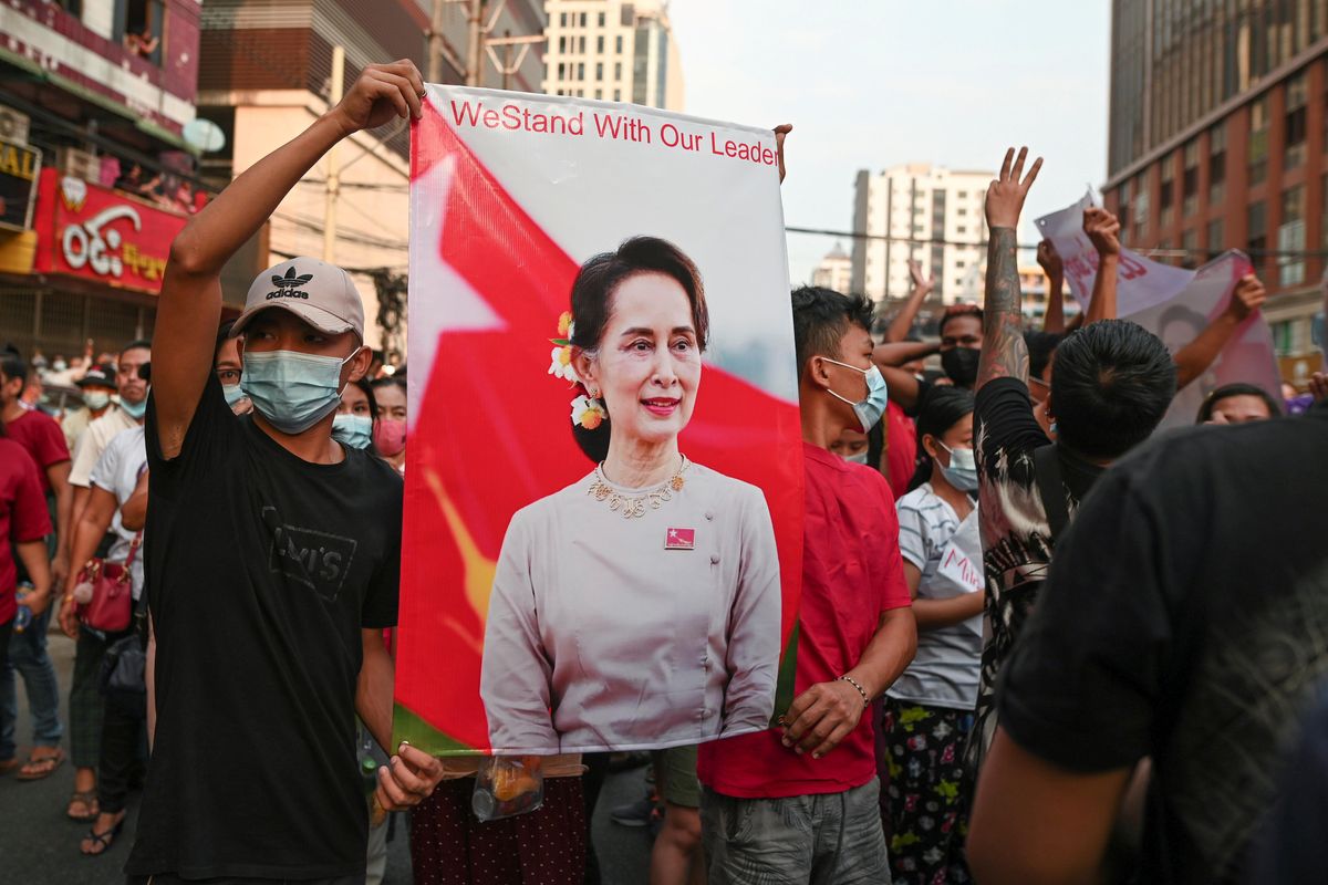Demonstrators protest against the military coup and demand the release of elected leader Aung San Suu Kyi, in Yangon, Myanmar, February 6, 2021.