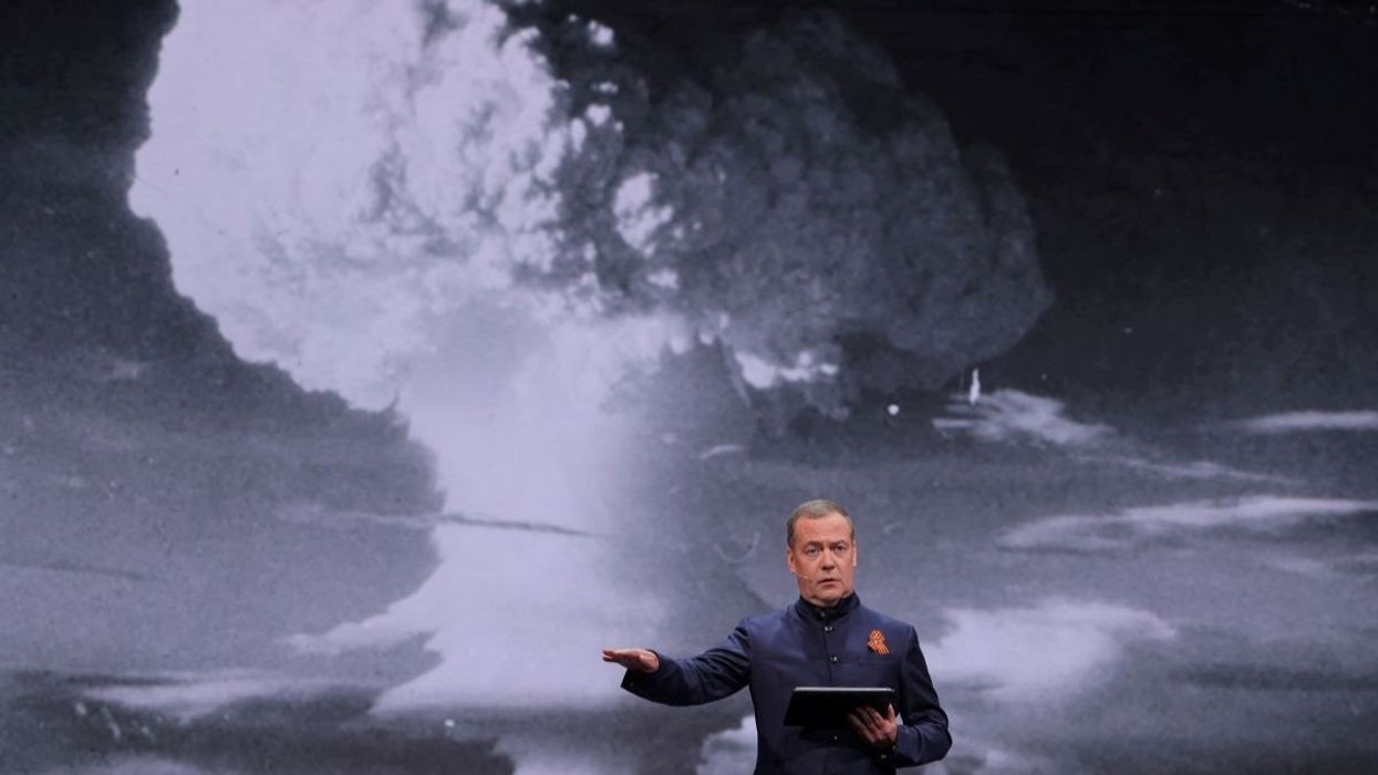 Deputy head of Russia’s Security Council Dmitry Medvedev delivers a speech in Moscow, Russia, on April 29, 2025.