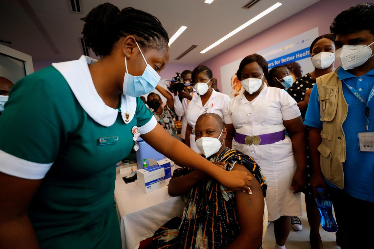 Director General of the Ghana Health Service Dr. Patrick Kuma-Aboagye receives the coronavirus disease (COVID-19) vaccine during the vaccination campaign at the Ridge Hospital in Accra, Ghana March 2, 2021.