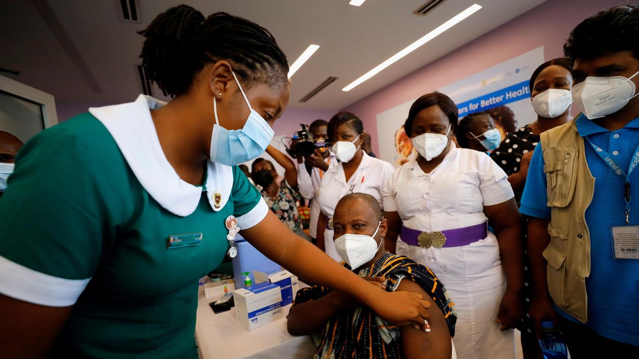Director General of the Ghana Health Service Dr. Patrick Kuma-Aboagye receives the coronavirus disease (COVID-19) vaccine during the vaccination campaign at the Ridge Hospital in Accra, Ghana March 2, 2021.
