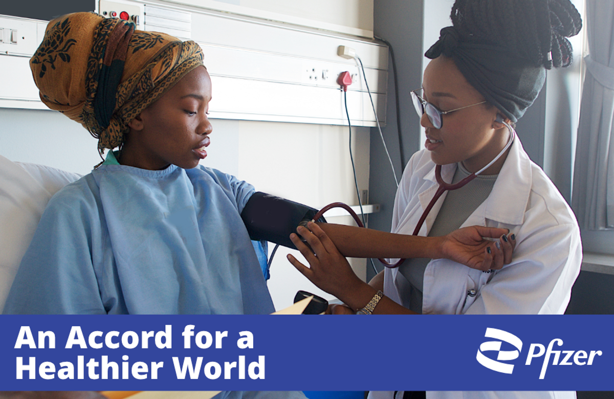Doctor treating a patient. Graphic text: An Accord for a Healthier World | Pfizer logo