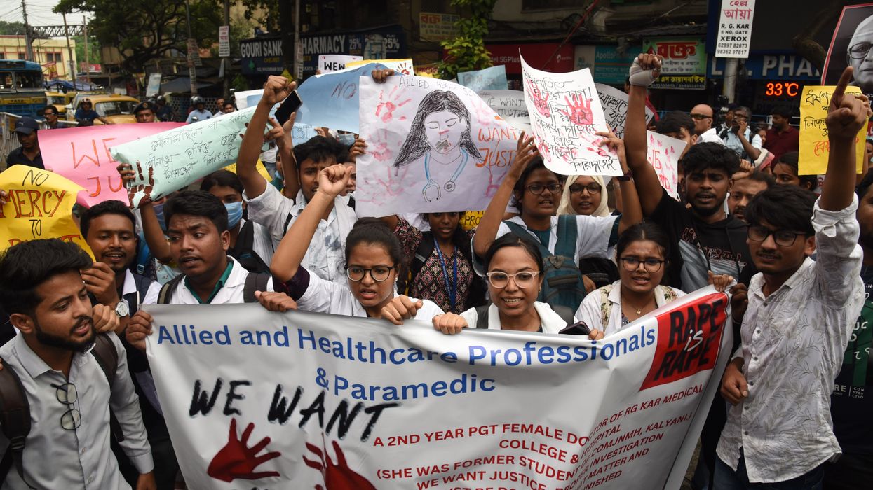 Doctors, paramedics, and medical students from various medical institutions are attending a protest against what they say is the rape and murder of a trainee doctor, inside the premises of R G Kar Medical College and Hospital in Kolkata, India, on August 12, 2024.