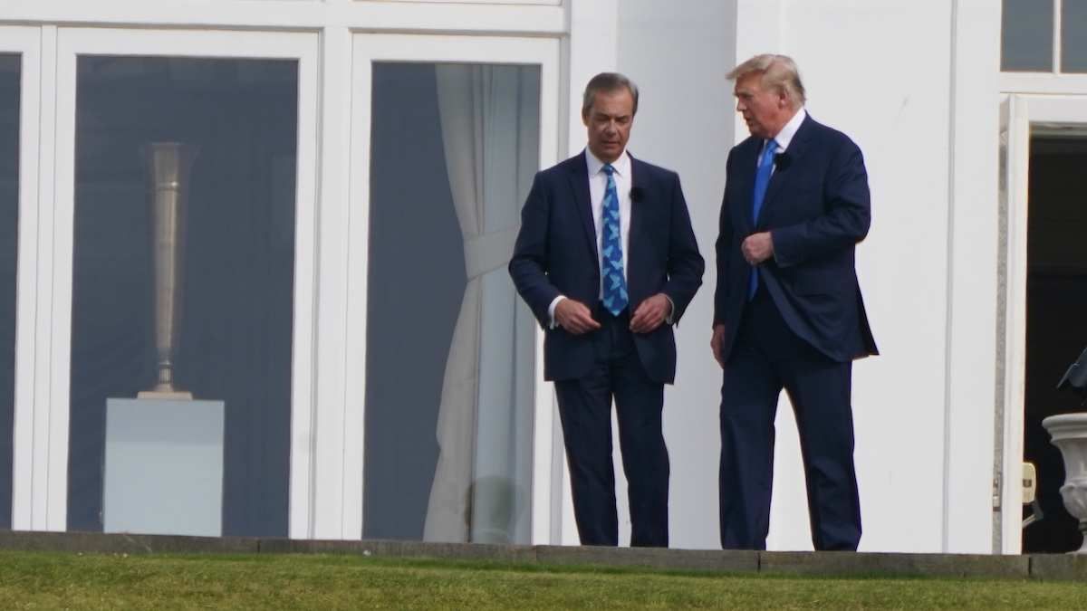 Donald Trump alongside Nigel Farage at the Trump Turnberry course in South Ayrshire, United Kingdom, on May 3, 2023.