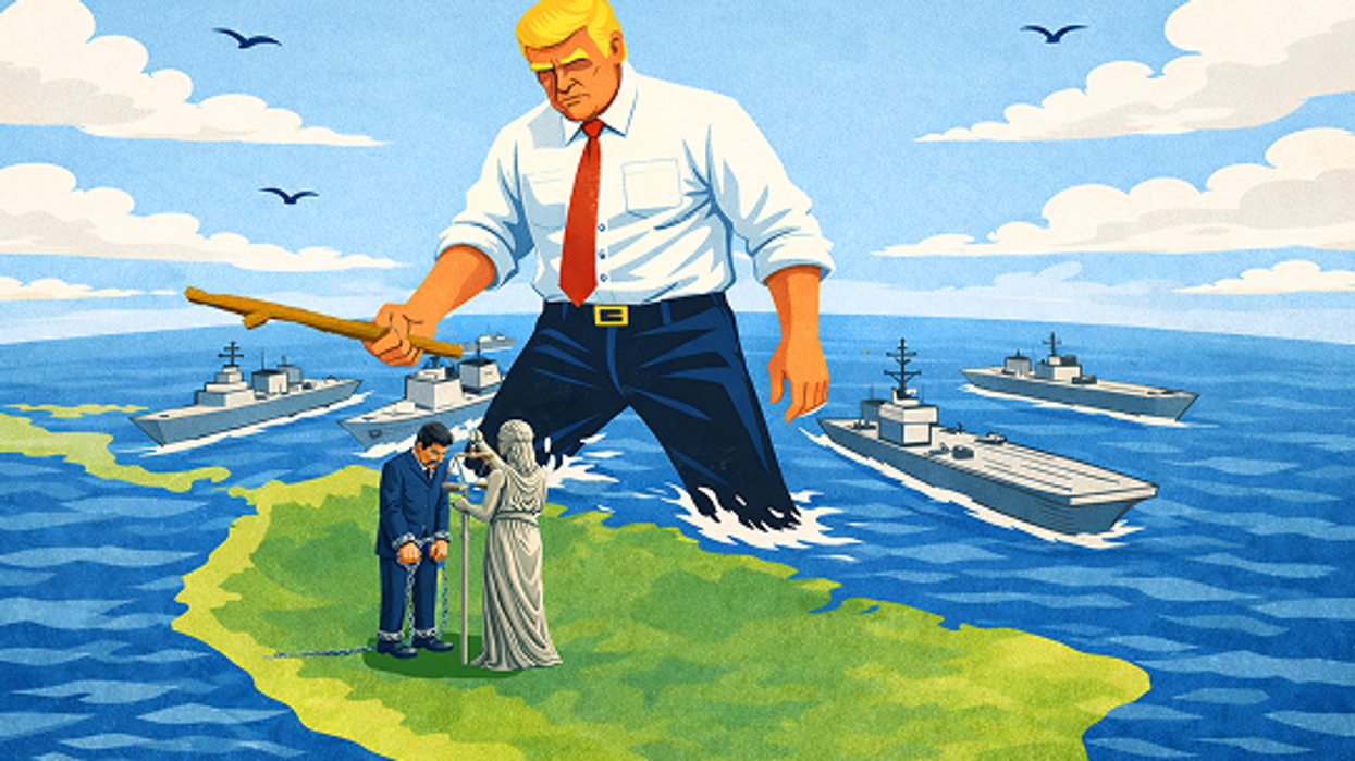 Donald Trump as a giant hitting Venezuela with a stick.