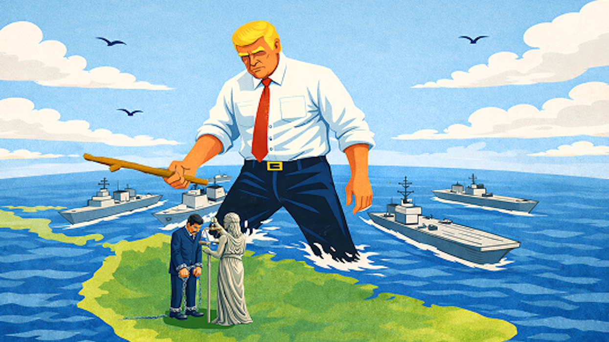 Donald Trump as a giant hitting Venezuela with a stick.