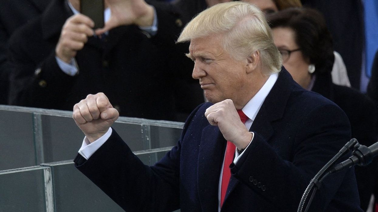 Donald Trump gestures after taking the oath of office during his first inauguration in Washington, DC, in January 2017.