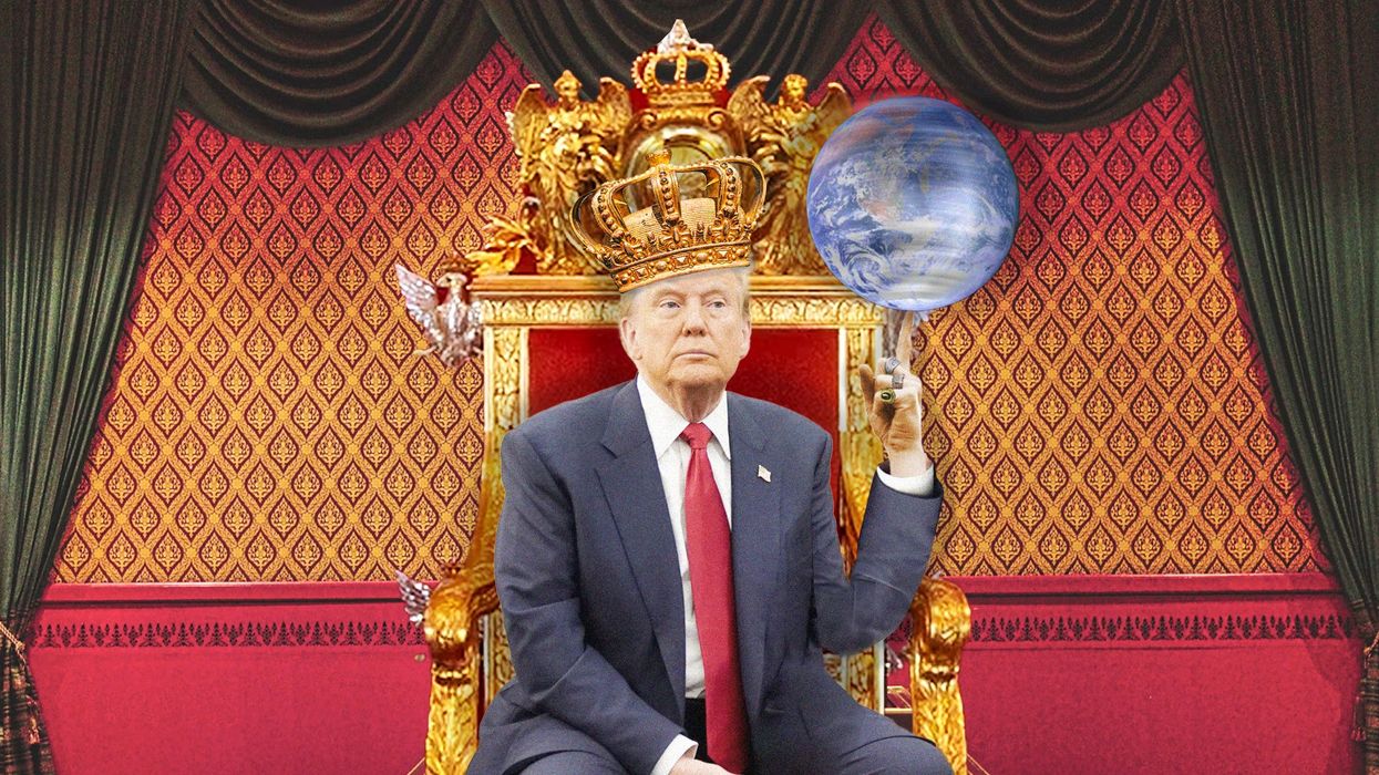 Donald Trump on a throne spinning a globe on his finger.