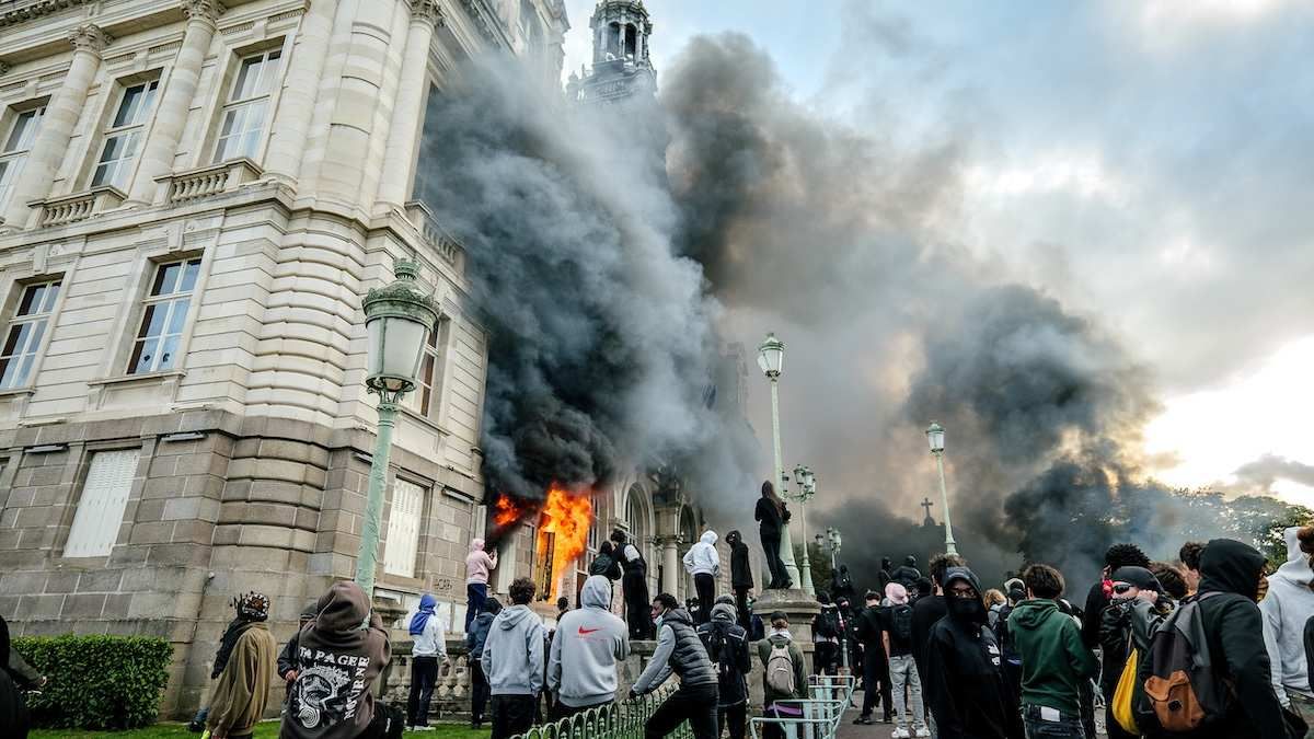 During the demonstration on 17 October in Limoges protesters set fire to the town hall in Limoges Haute-Vienne in the Nouvelle-Aquitaine region of France on 17 October 2026. 