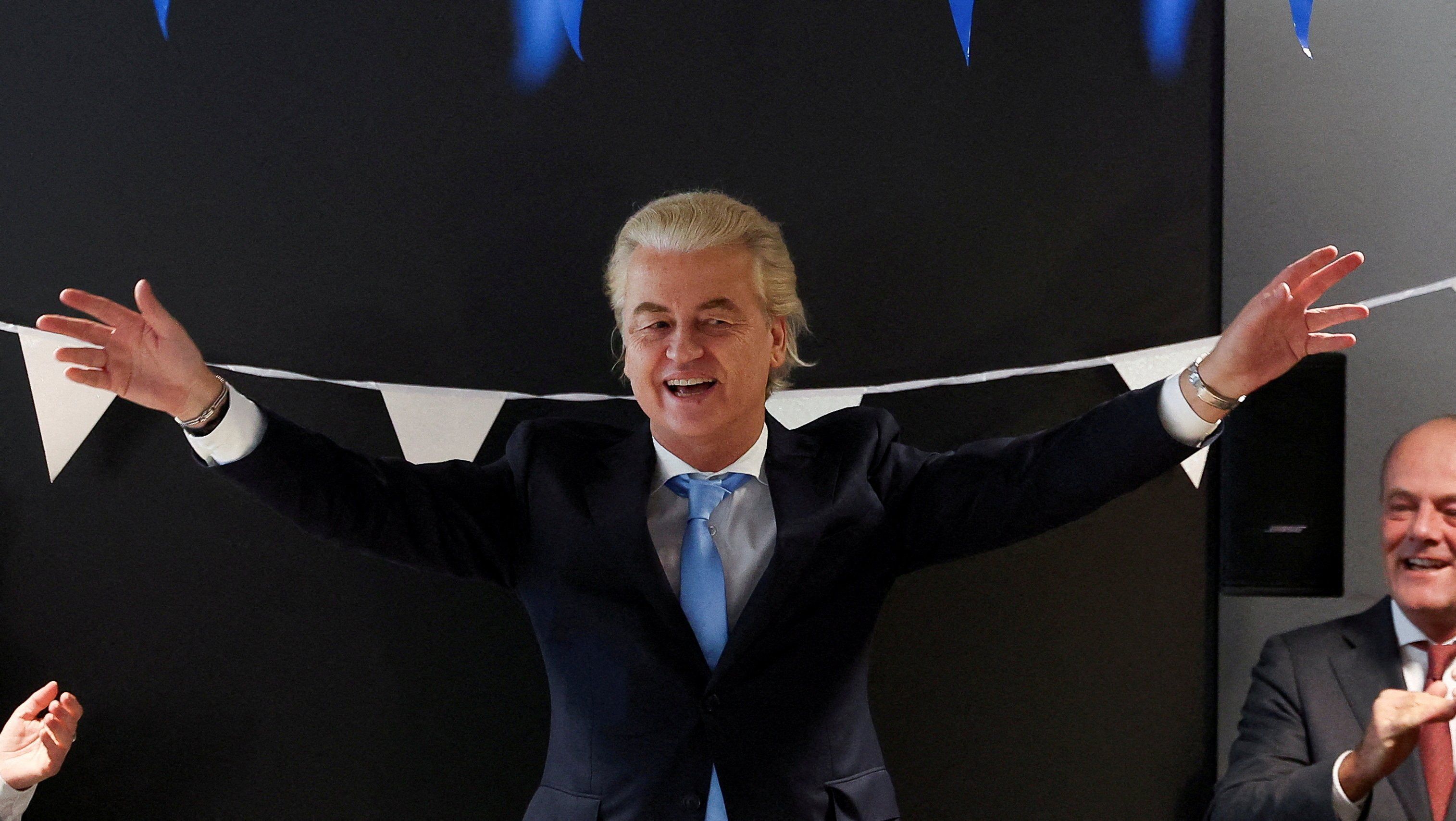 Dutch far-right politician and leader of the Freedom Party Geert Wilders gestures as he meets with party members after the parliamentary elections in The Hague, Netherlands, on Nov. 23, 2023.