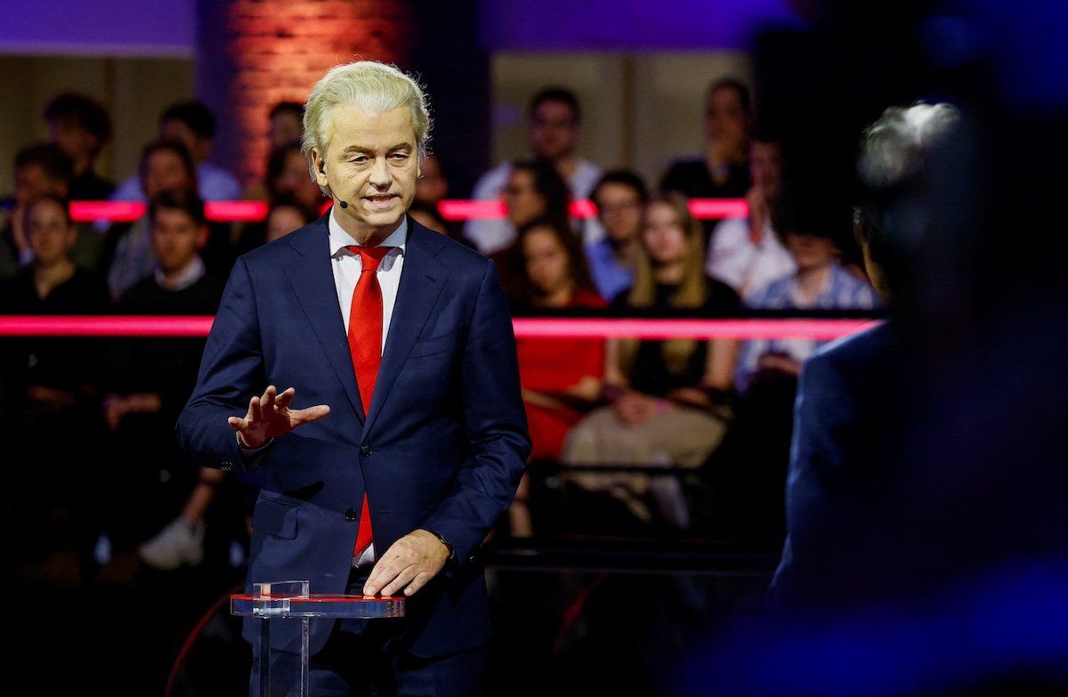 Dutch politician Geert Wilders, the leader of the PVV party, speaks during the final debate between the lead candidates in the Dutch election before polls open on Wednesday, in The Hague, Netherlands, November 21, 2023.