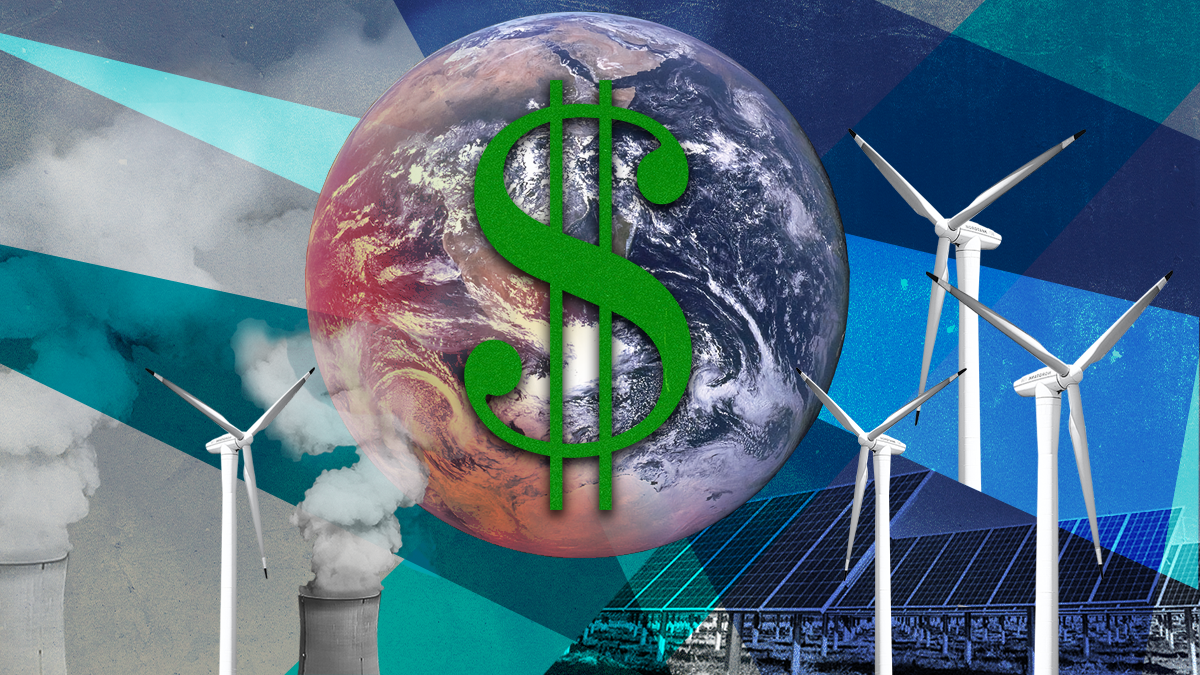 Earth cutout with a dollar sign surrounded by a factory, wind turbines, and solar panels