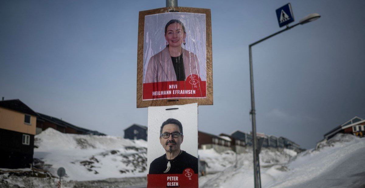 ​Election campaign posters are pictured on a street ahead of a March 11 general election in Nuuk, Greenland, March 9, 2025.