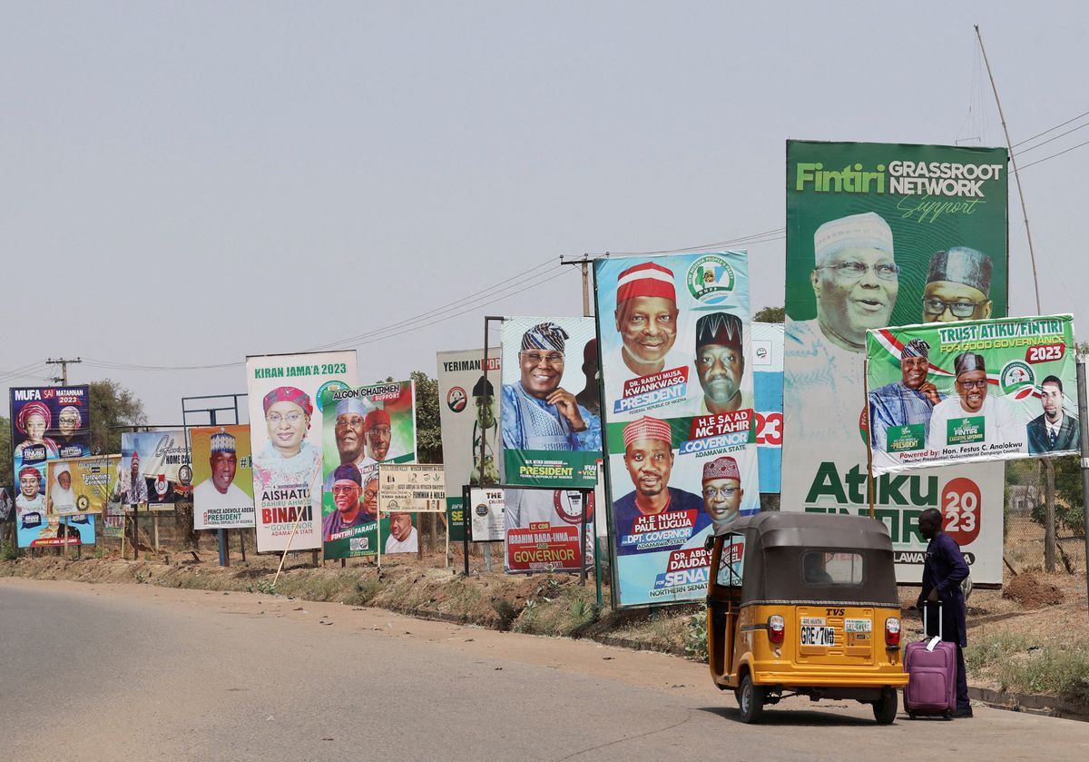Electoral campaign posters are seen ahead of Nigeria's Presidential elections, in Yola, Nigeria, February 23, 2023.