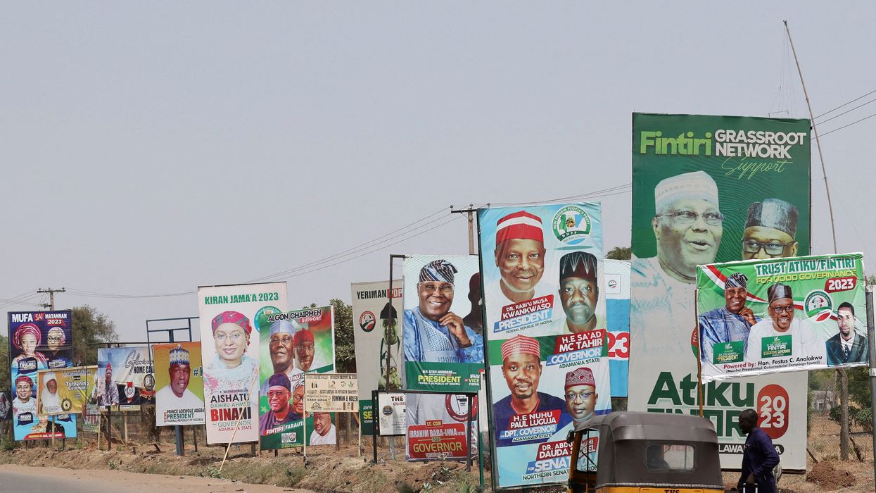 Electoral campaign posters are seen ahead of Nigeria's Presidential elections, in Yola, Nigeria, February 23, 2023.