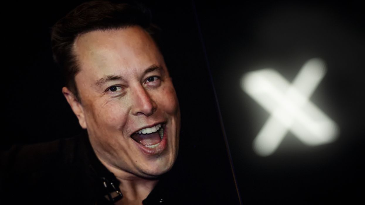 Elon Musk is seen displayed on a mobile device with the Twitter and X logos in the illustration.