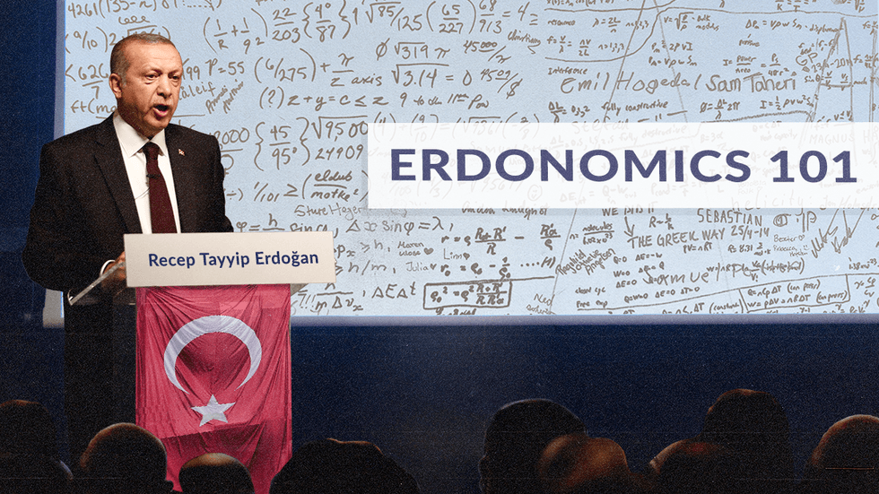 Erdonomics 101 on board behind Turkey\u2019s President Recep Tayyip Erdogan speaking at podium