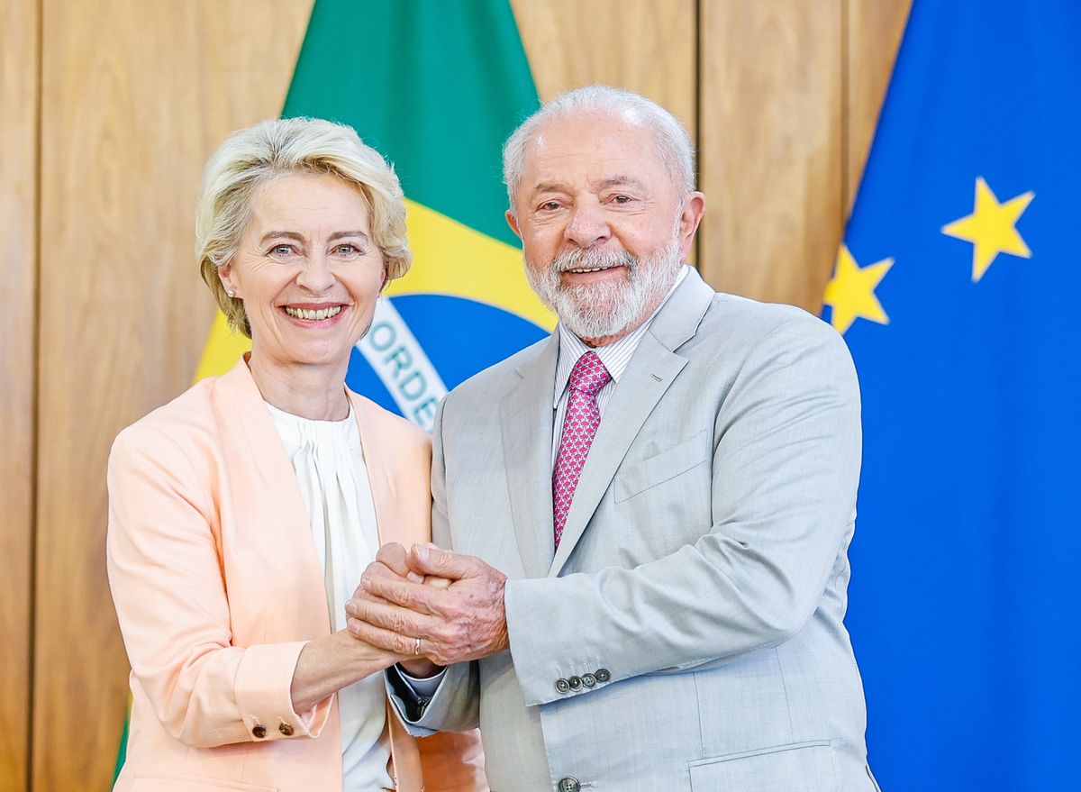 EU Commission chief Ursula von der Leyen shakes hands with Brazil's President Lula da Silva in Brasilia.