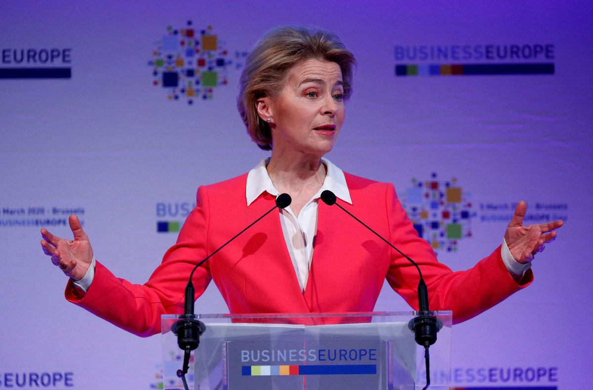 European Commission President Ursula von der Leyen delivers a speech at BusinessEurope conference in Brussels, Belgium March 5, 2020. 