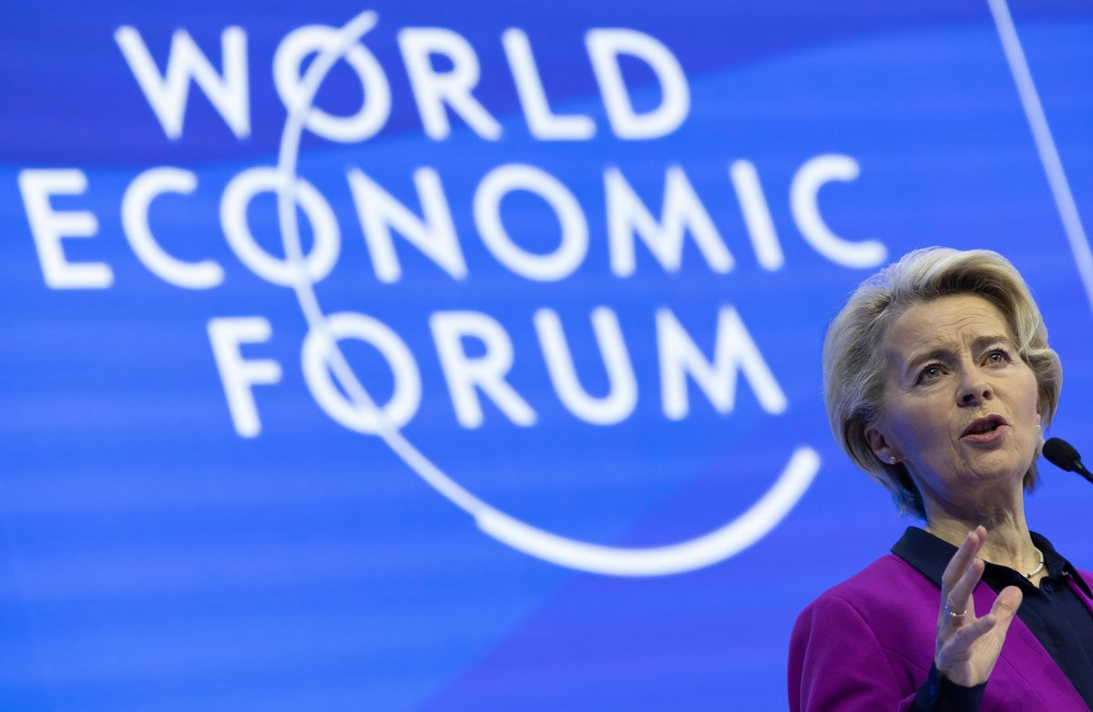 European Commission President Ursula Von der Leyen delivers a speech at the 2023 World Economic Forum in Davos, Switzerland.