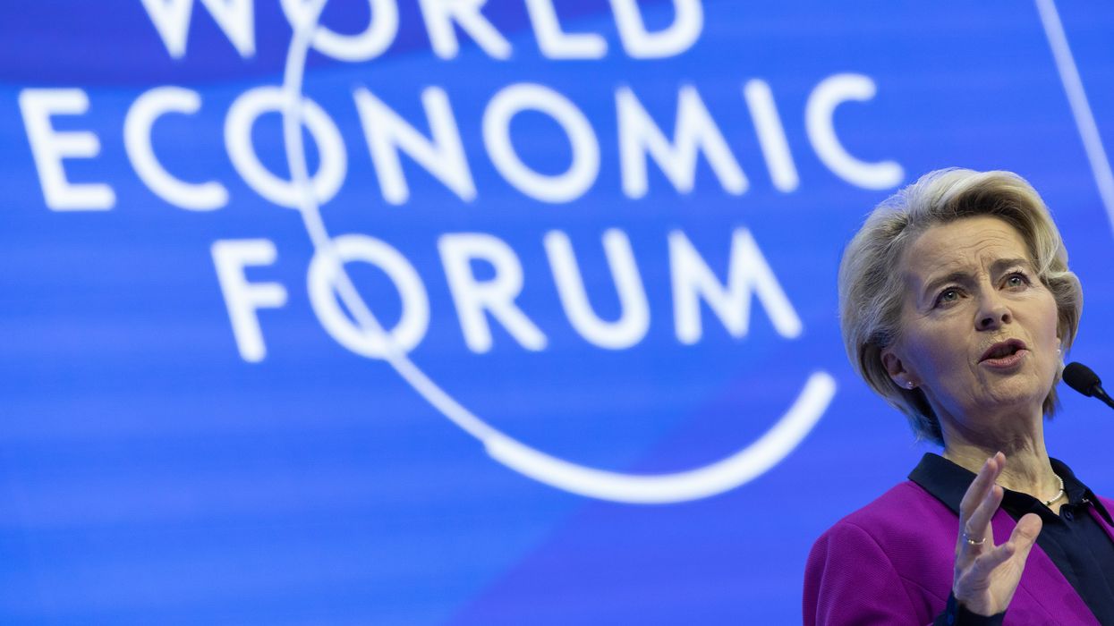 European Commission President Ursula Von der Leyen delivers a speech at the 2023 World Economic Forum in Davos, Switzerland.