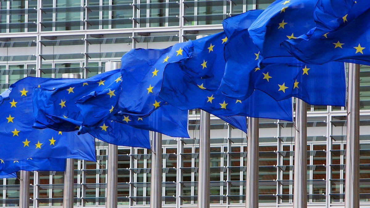 European Union flags are seen outside the European Commission headquarters in Brussels April 12, 2006.