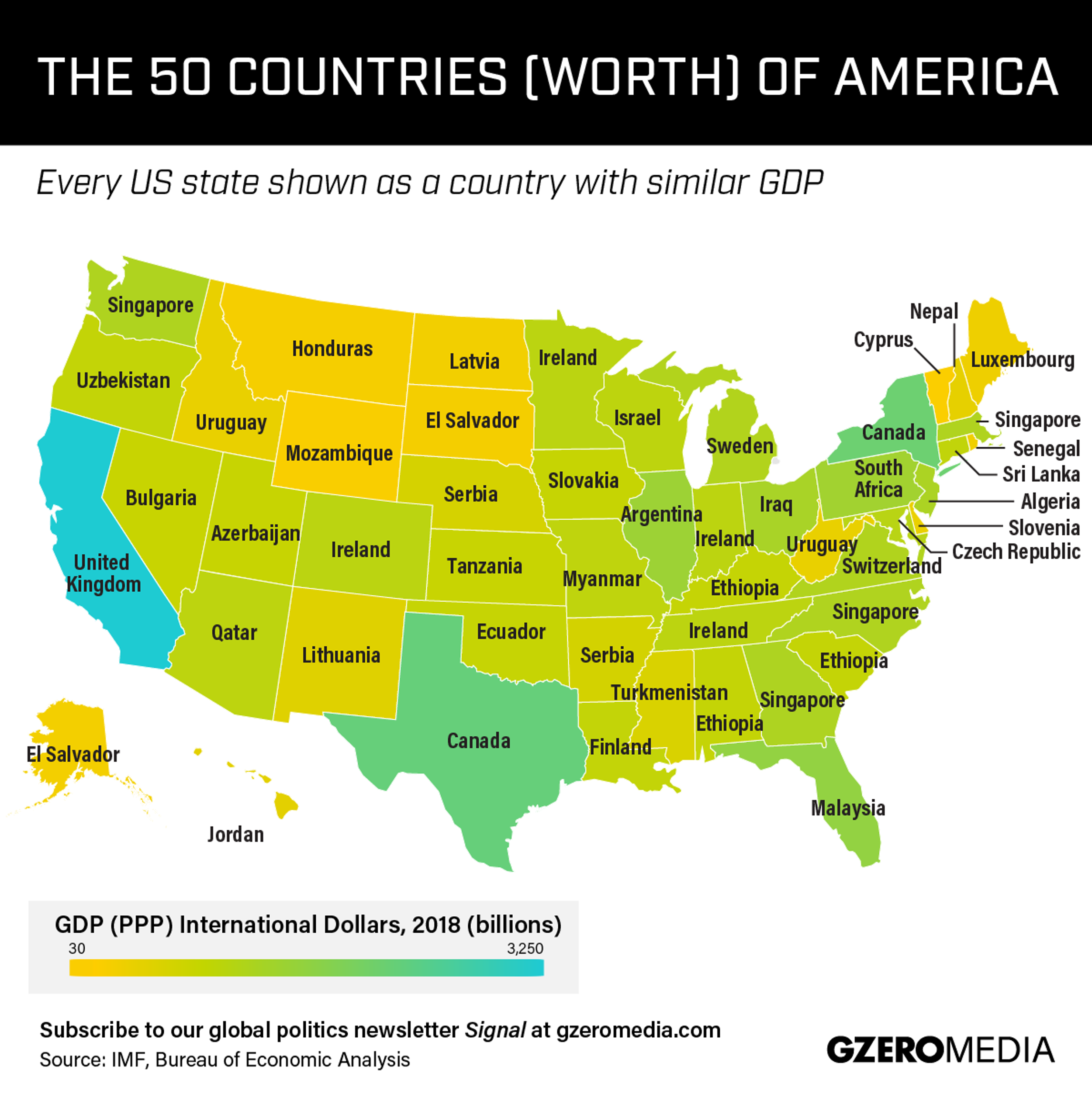 Every US state shown as a country with similar GOP