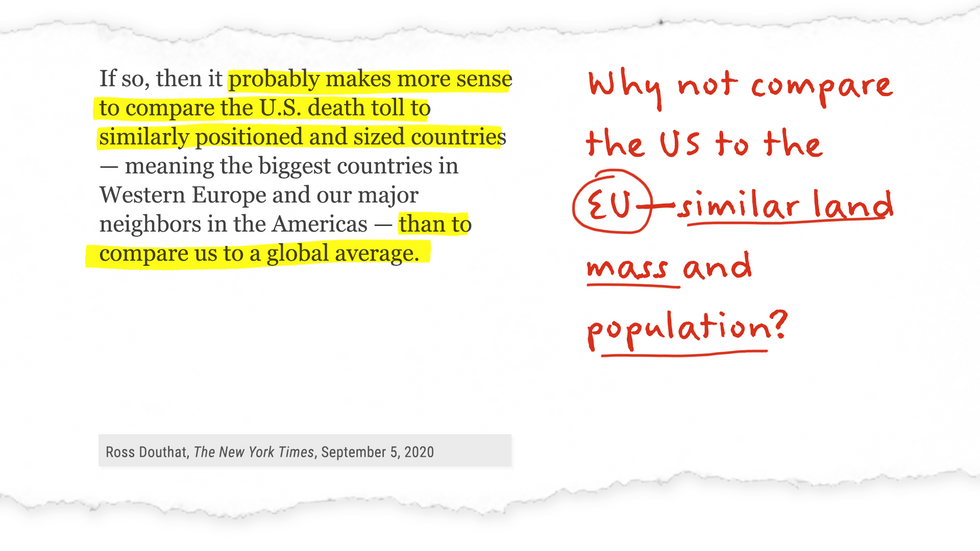 Excerpt from NYT op-ed annotated with: Why not compare the US to the EU - similar land mass and population?