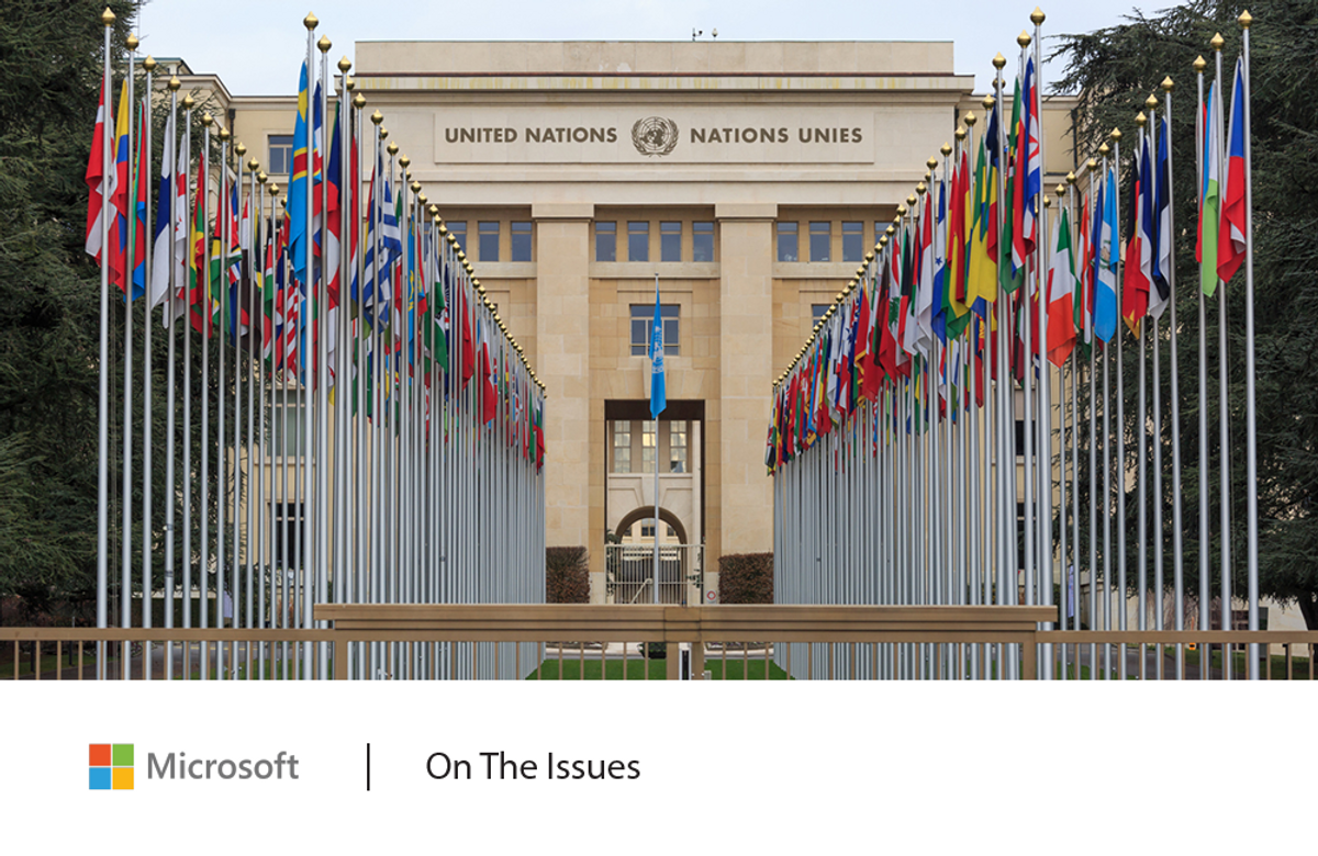 Exterior of United Nations building with country flags