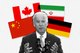 Joe Biden surrounded by the German, Iranian, Chinese, and Canadian national flags.