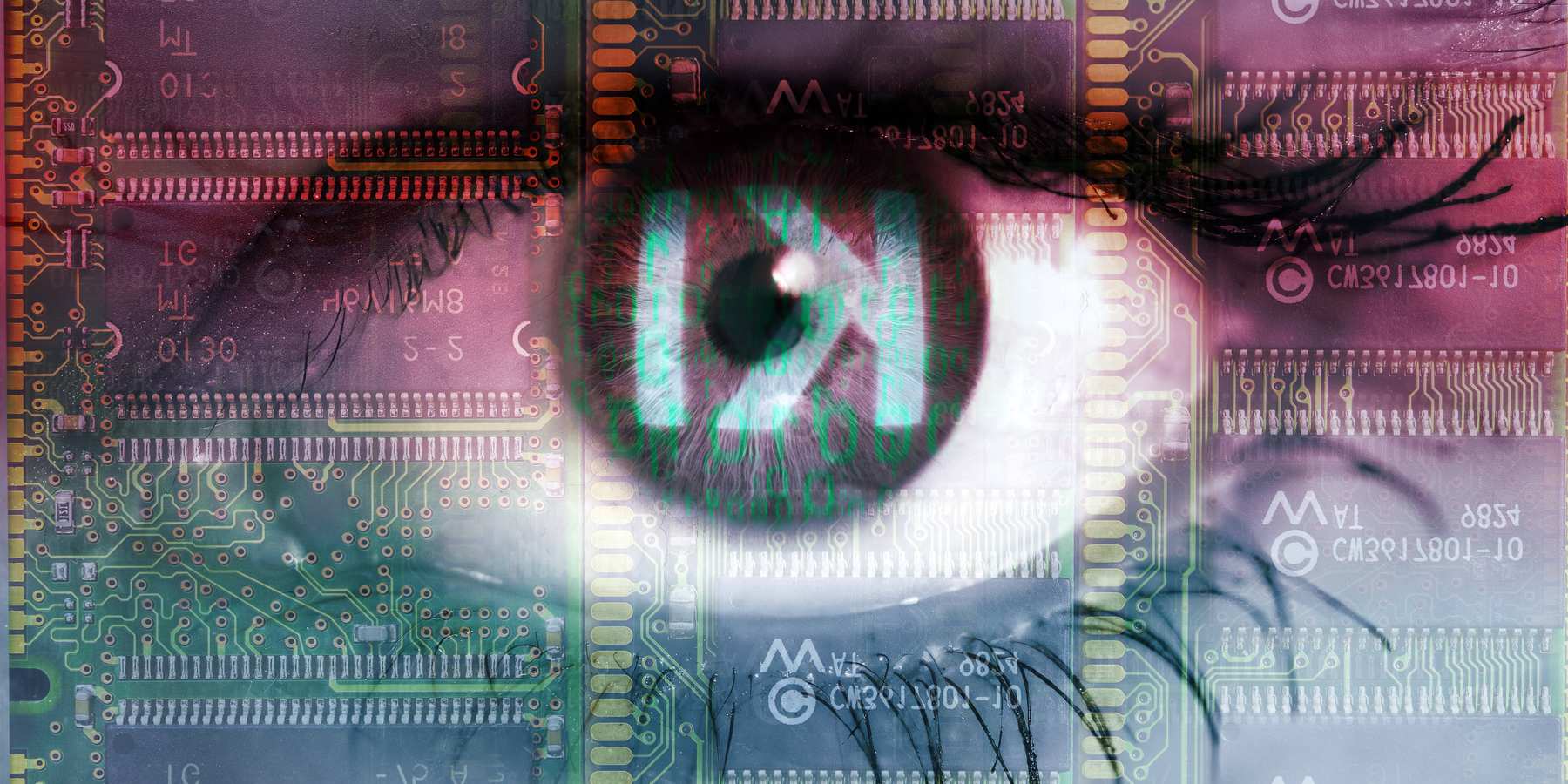 Eye of a woman with binary code and the lettering AI.