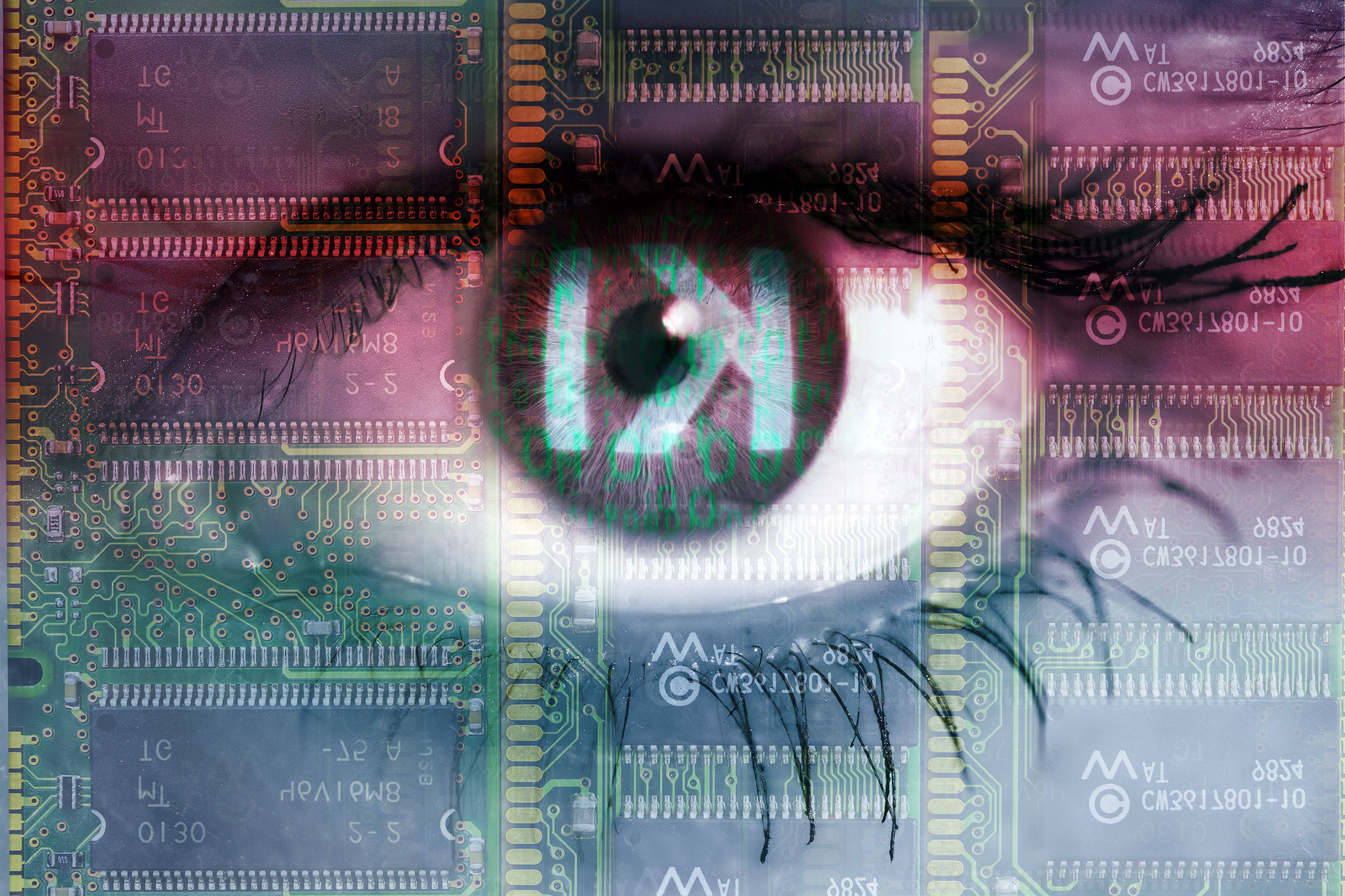Eye of a woman with binary code and the lettering AI.