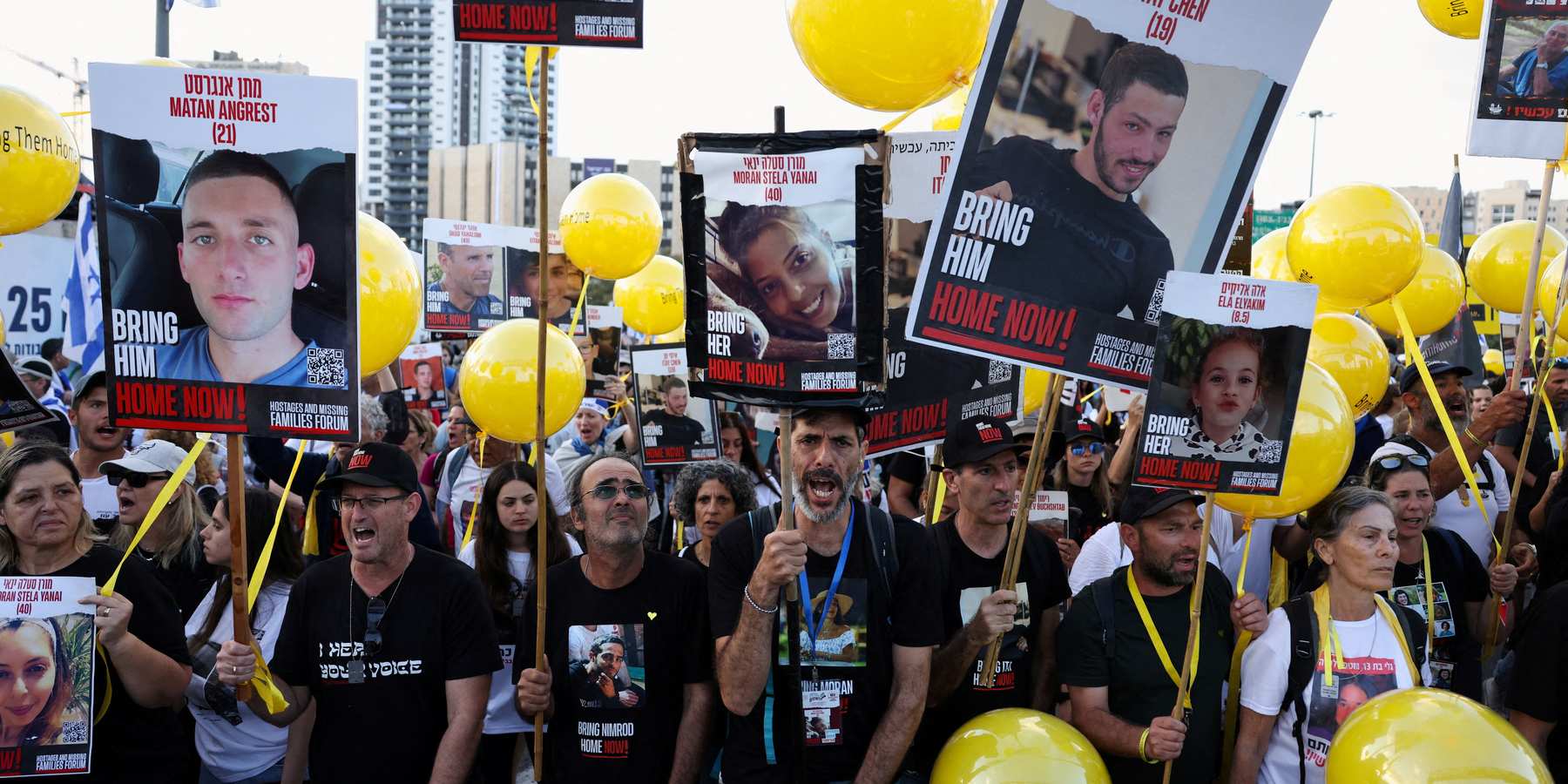 Family members, friends, and supporters of Israelis taken hostage on Oct. 7 by Hamas marched from Tel Aviv to Jerusalem. They're seen here in Jerusalem on Nov. 18, 2023.