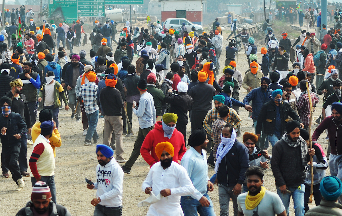 ​Farmers stage a Delhi Chalo march over various demands, at the Punjab-Haryana Shambhu border, near Ambala on Tuesday. 