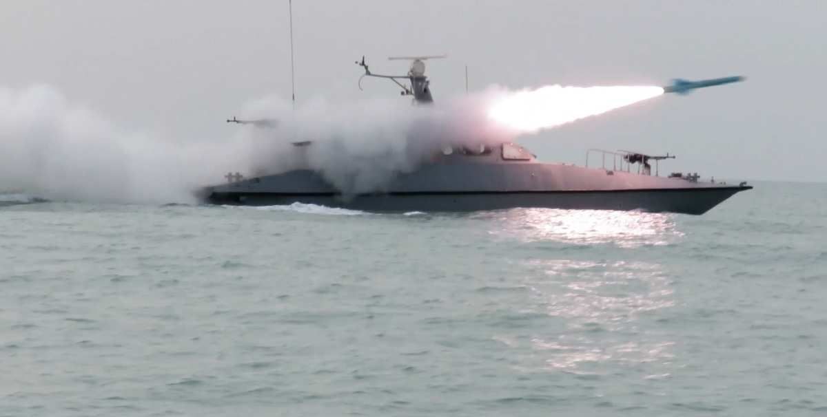 ​February 16, 2026, Strait Of Hormuz, Persian Gulf, Iran: A boat firing a missile during a military drill in the Persian Gulf, southern Iran. 