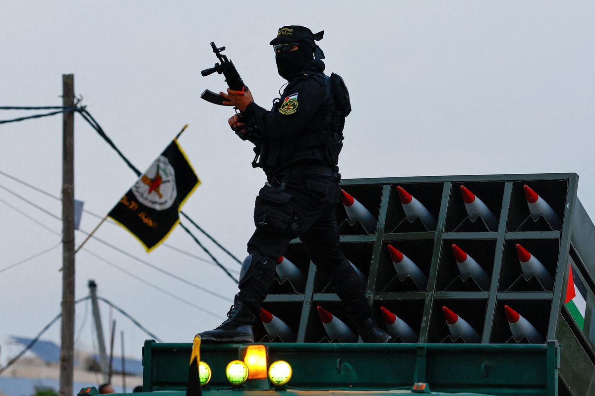 FILE PHOTO: A Palestinian Islamic Jihad militant participates in an anti-Israel military parade marking the 36th anniversary of the movement's foundation in Gaza City, October 4, 2023.