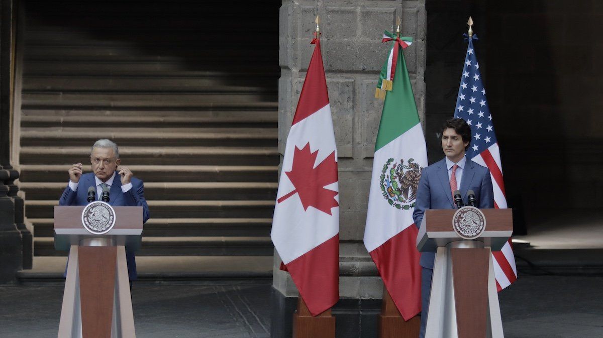 ​FILE PHOTO: Andres Manuel Lopez Obrador (left), President of Mexico, and Justin Trudeau (right), Prime Minister of Canada, are delivering a message to the media at the National Palace in Mexico City,on January 10, 2023, on the occasion of their meeting with Joe Biden, President of the United States, at the 10th North American Leaders' Summit, where they are discussing migration, economic and drug trafficking issues.