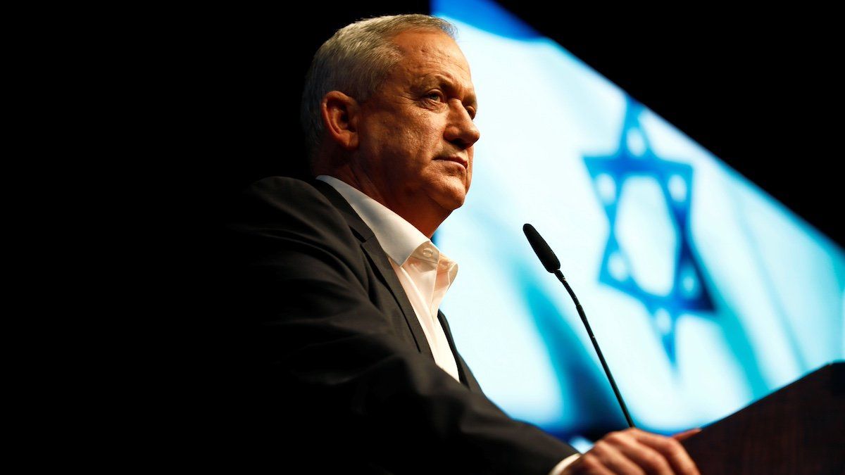 ​FILE PHOTO: Benny Gantz, leader of Blue and White party, speaks during an election campaign rally in Ramat Gan, near Tel Aviv, Israel, February 25, 2020. 