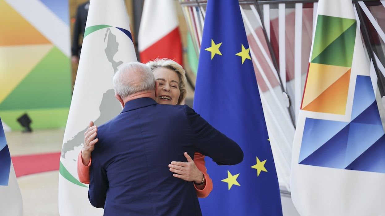 FILE PHOTO: Brazilian president Lula da Silva hugging Ursula von der Leyen the President of the European Commission at the 3rd EU-CELAC Summit in Brussels, Belgium on 17 July 2023.