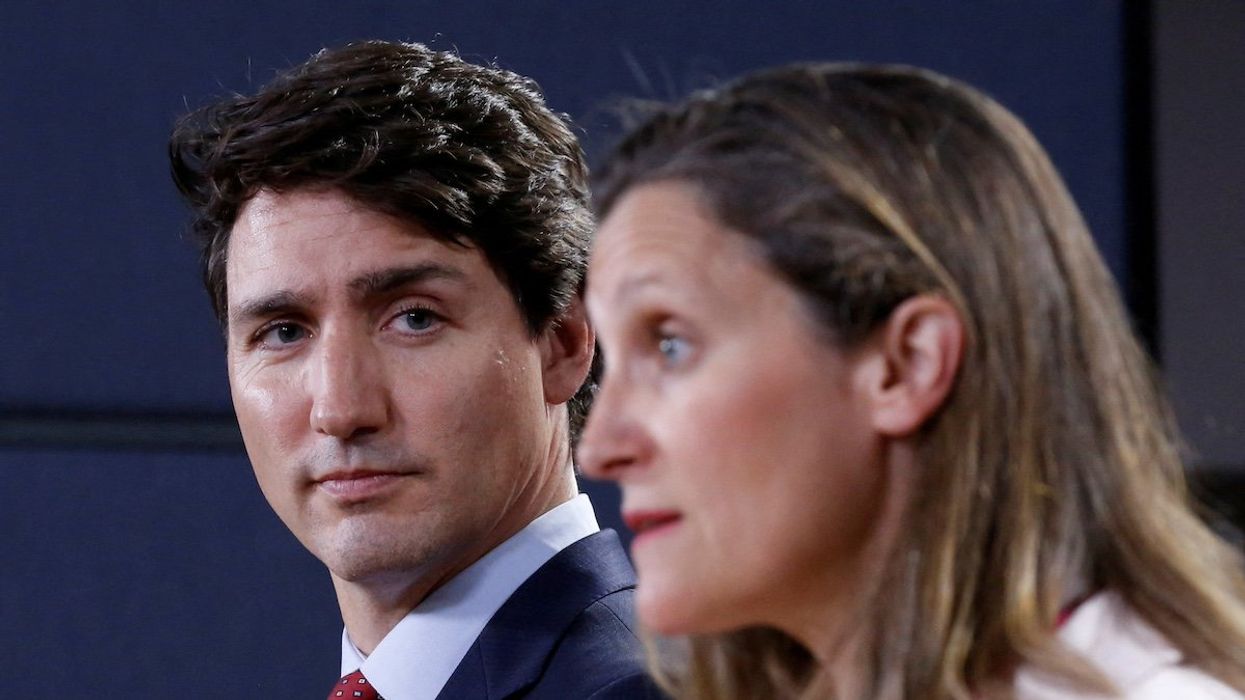 FILE PHOTO: Canada's Prime Minister Justin Trudeau listens to Foreign Minister Chrystia Freeland during news conference in Ottawa, Ontario, Canada, May 31, 2018.