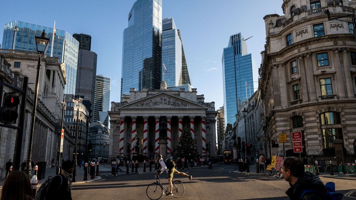 FILE PHOTO: Christmas decorations adorn the outside of the Royal Exchange building in London, Britain, November 26, 2024.