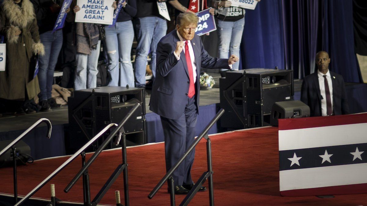 ​FILE PHOTO: Donald Trump dancing during the campaign rally for the Republican primary for the 2024 American presidential election. Manchester (NH), USA, January 20, 2024.