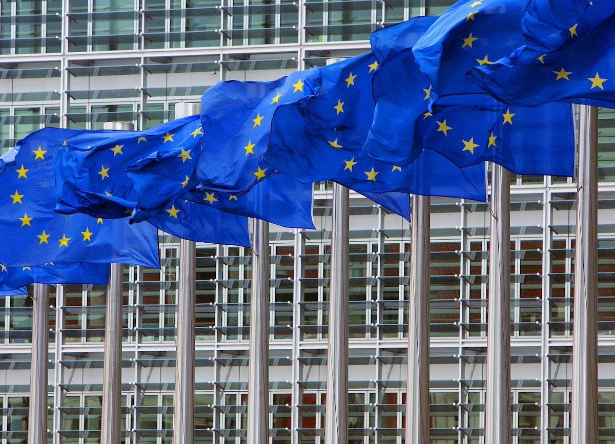 FILE PHOTO: European Union flags are seen outside the European Commission headquarters in Brussels April 12, 2006.