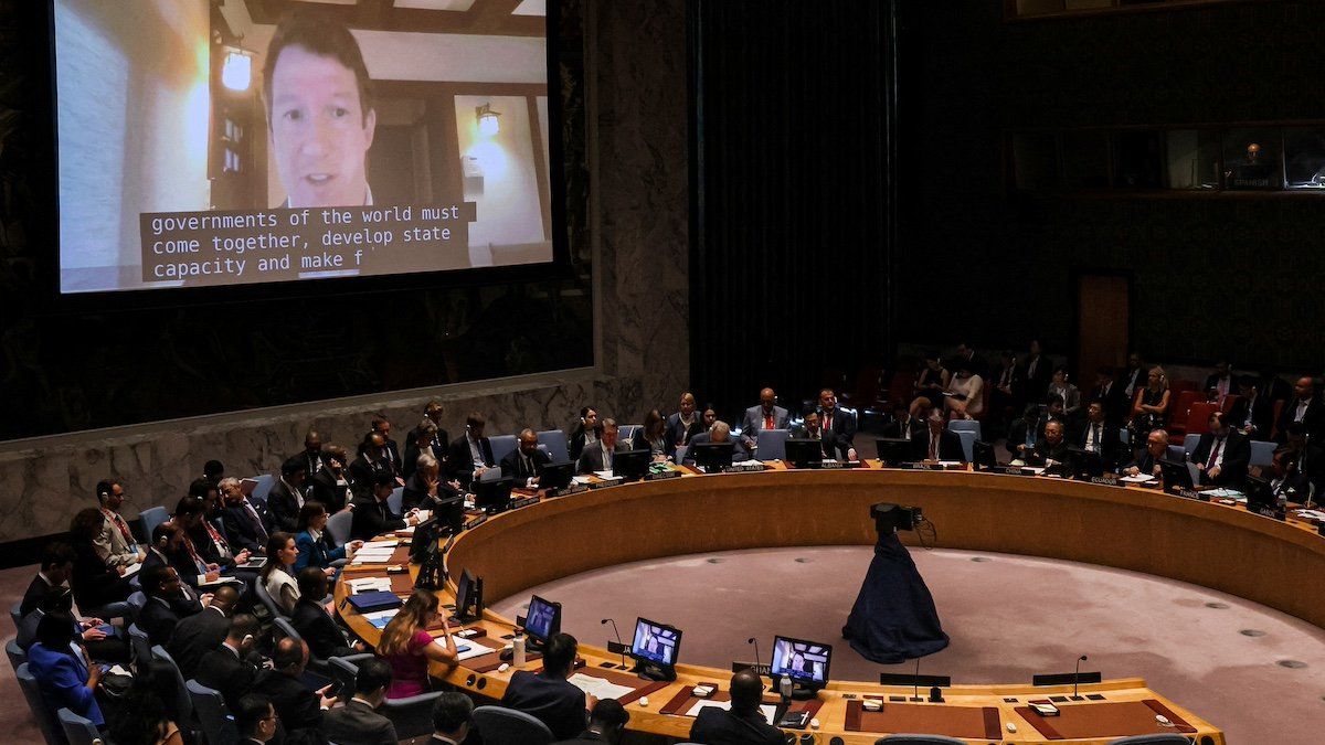 ​FILE PHOTO: Jack Clark, co-founder of Anthropic and an expert member of the Global Partnership on Artificial Intelligence addresses, via video link, the U.N. Security Council during a meeting on Artificial intelligence at U.N. headquarters in New York City, U.S., July 18, 2023.