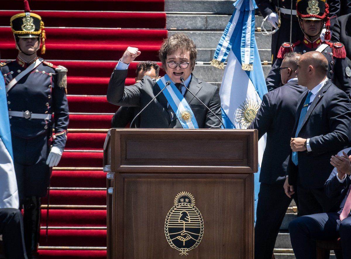 FILE PHOTO: Javier Milei is sworn in as the new President of Argentina and delivers his speech to his followers, surrounded by international leaders. Argentine, Buenos Aires, 2023-12-10.