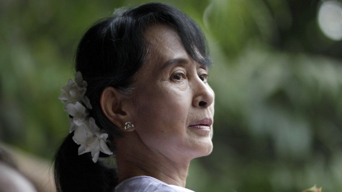 File photo - Myanmar opposition leader Aung San Suu Kyi at National League at the Democracy (NLD) headquarters, address journalists and supporters in Yangon, Myanmar on April 2, 2012.