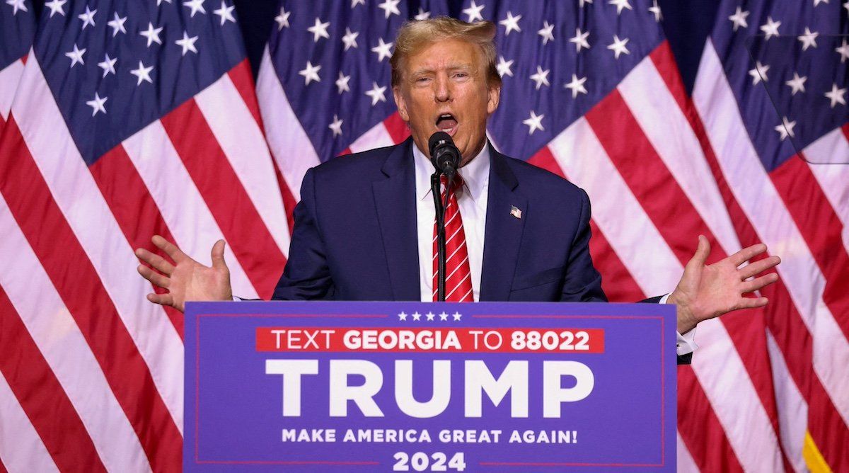 ​FILE PHOTO: Republican presidential candidate and former U.S. President Donald Trump speaks during a campaign rally at the Forum River Center in Rome, Georgia, U.S. March 9, 2024. 