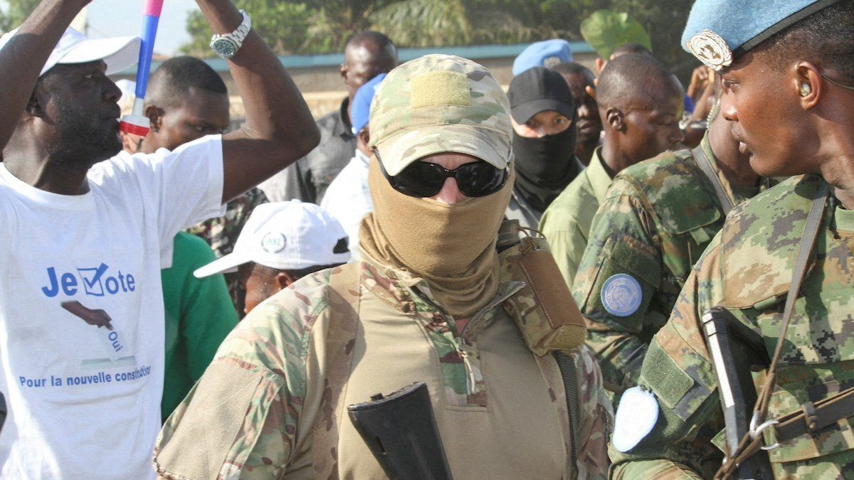 ​FILE PHOTO: Russian officers from the Wagner Group are seen around Central African president Faustin-Archange Touadera, as they are part of the presidential security system during the referendum campaign to change the constitution and remove term limits, in Bangui, Central African Republic July 16, 2023.