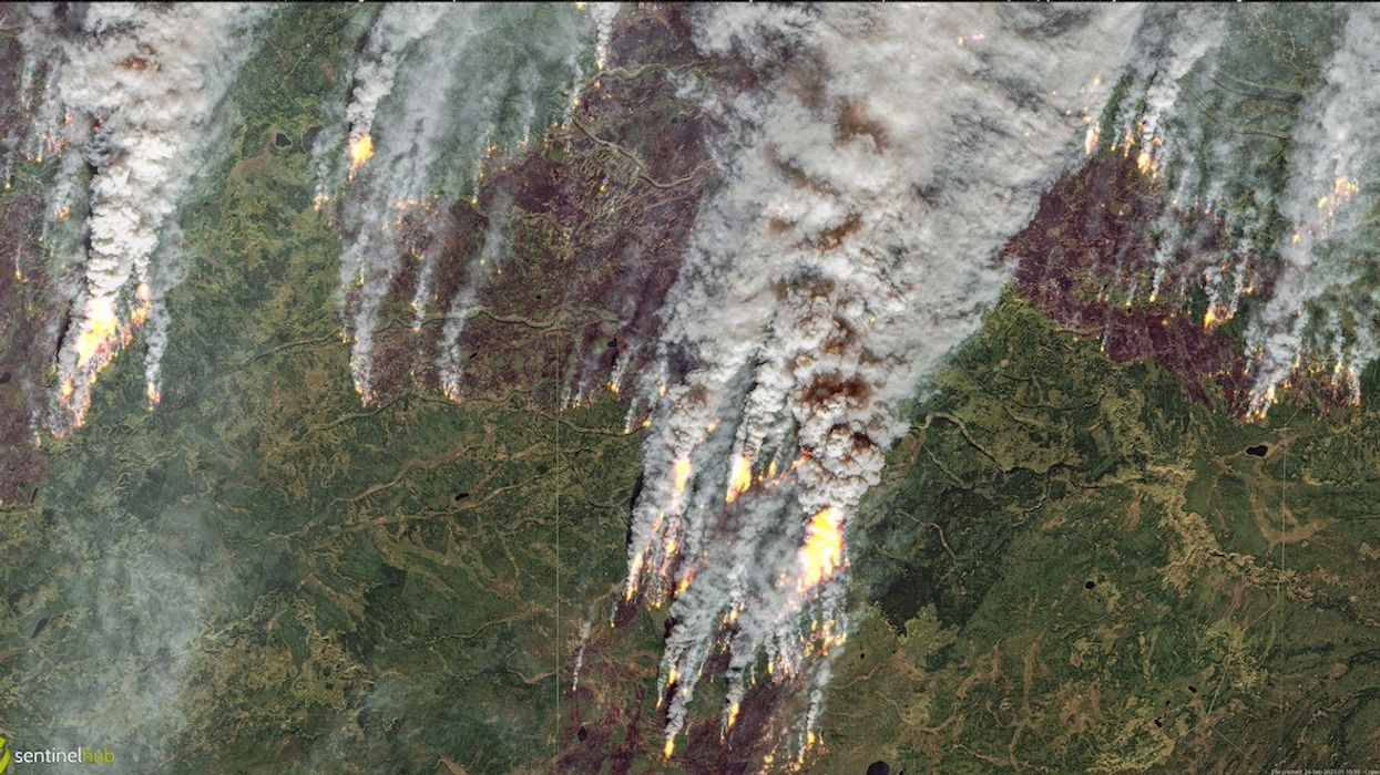 FILE PHOTO: Satellite image shows wildfires in British Columbia and Alberta, Canada, September 24, 2023.
