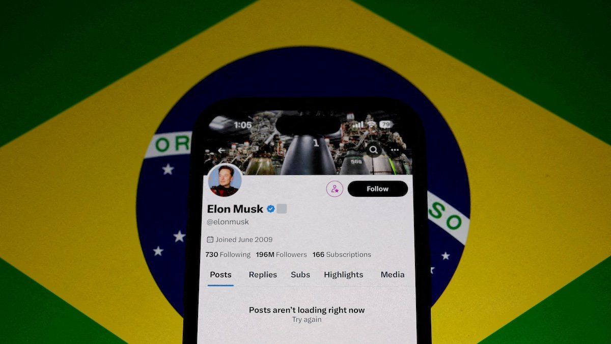 ​FILE PHOTO: The X account of Elon Musk in seen blocked on a mobile screen in this illustration after Brazil's telecommunications regulator suspended access to Elon Musk's X social network in the country to comply with an order from a judge who has been locked in a months-long feud with the billionaire investor, Sao Paulo, Brazil taken August 31, 2024. 